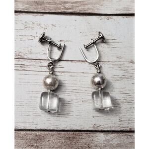 Vintage Screw Back Earrings - Clear Square & Silver Tone Ball Dangle Drop